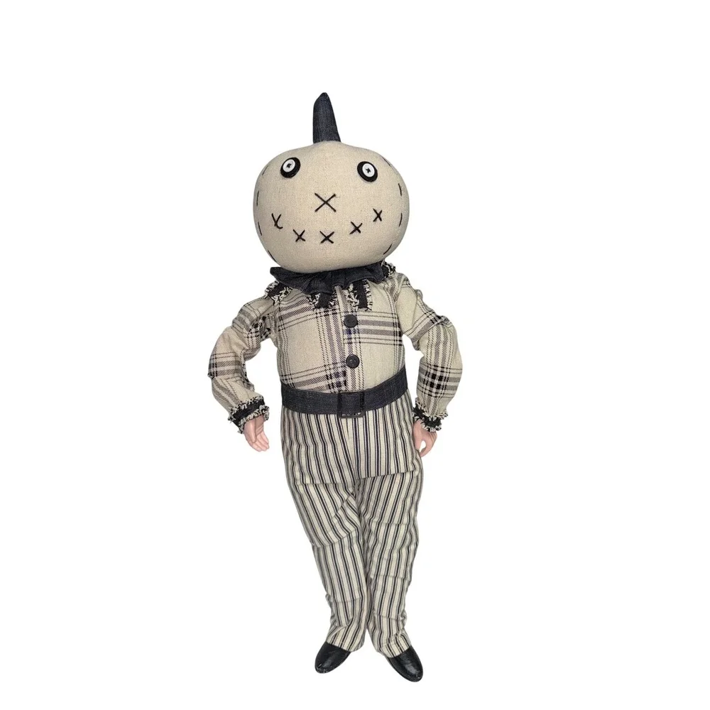 Primitive Scarecrow Doll Vintage Style Halloween Decor Plaid Striped Outfit 18